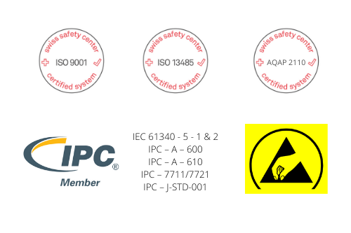 ISO9001  ISO13485  IPC Member  IPC – A – 600  IPC – A – 610  IPC – 7711/7721  IPC – J-STD-001  AQAP2110  ESD Conform Facility